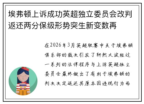 埃弗顿上诉成功英超独立委员会改判返还两分保级形势突生新变数再 埃弗顿上诉成功英超独立委员会改判返还两分保级形势突生新变数再